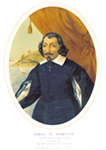 Portrait of a men with Quebec City in background. Long thought to be a portrait of Samuel de Champlain it actually depicts Michel Particelli