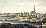 View of the village of Deschambault on the St. Lawrence River, showing a parish church (1765)