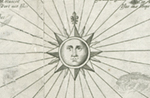 Detail of the Champlains’s map of 1632, showing the image of a face inside a sun crowned by a Fleur de lys