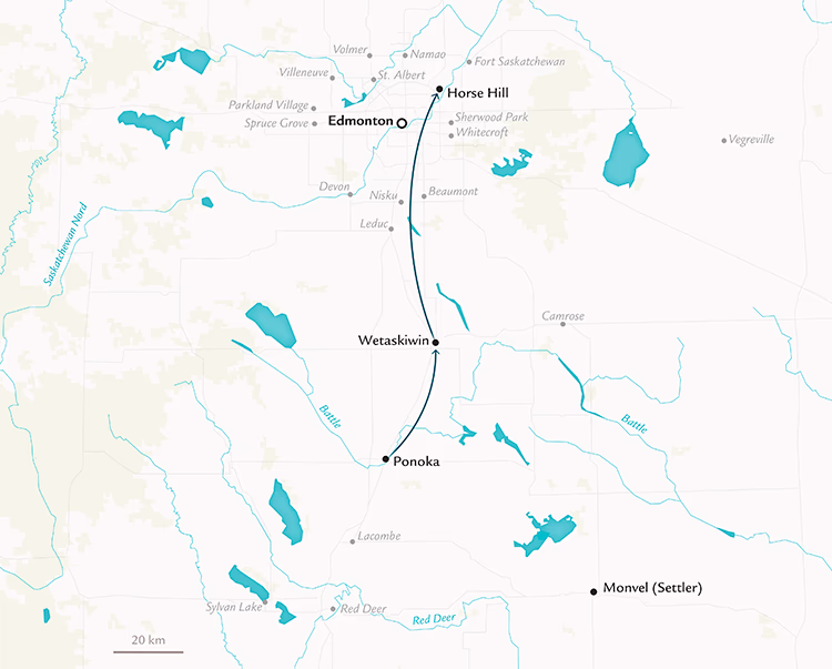 Carte avec une flèche reliant Ponoka à Wetaskiwin à Horse Hill sur une carte d’une partie de l’Alberta.