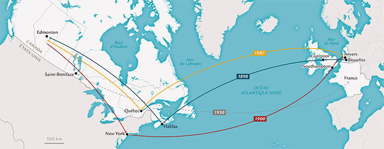 Carte illustrant les routes migratoires transatlantiques d’André Castelein de la Lande entre la Belgique, la France et le Canada entre 1898 et 1930. Les trajets relient Anvers, Bruxelles, Liverpool et Southampton vers Halifax, Québec et New York, avec des prolongements vers Saint-Boniface (Manitoba) et Edmonton (Alberta). Les lignes de couleurs indiquent différentes années de traversée: 1898 (bleu), 1900 (rouge), 1907 (jaune) et 1930 (pointillé brun).