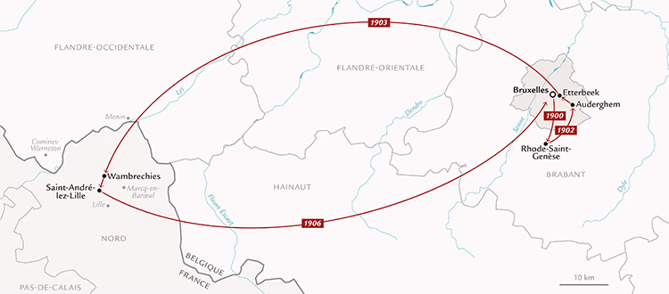 Carte illustrant les déplacements d’André Castelein et de sa famille en Europe, entre la Belgique et St-André-lez-Lille, entre 1900 et 1907