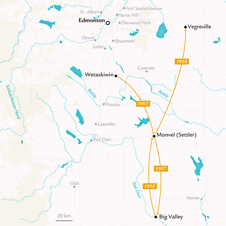Carte illustrant les déplacements de la famille d’André Castelein lors de leur retour en Alberta, entre Wetaskiwin, Big Valley, Monvel et Vegreville.
