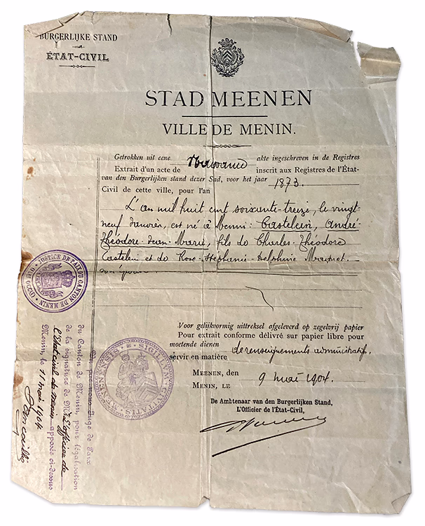 Extrait de l’acte de naissance d’André Castelein, 1873, document officiel usé produit dans la ville de Menin, en Belgique.