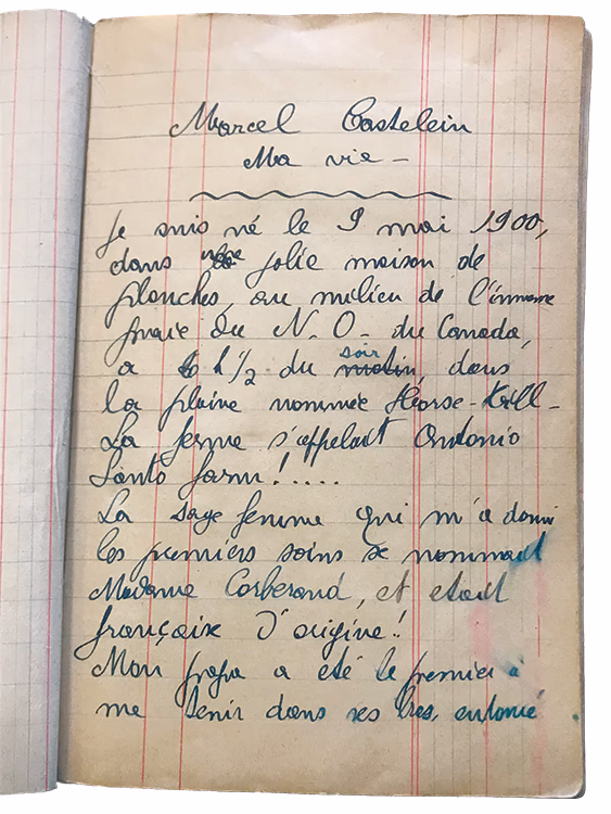 Première page d’un petit carnet portant un texte manuscrit.