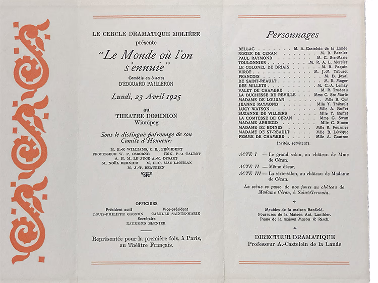 Brochure au design orange et rouge, reproduction du programme de la première pièce au Cercle Molière, 23 avril 1925