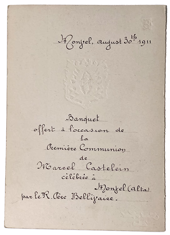Carton portant l’invitation manuscrite à la communion de Marcel Castelein en 1911.