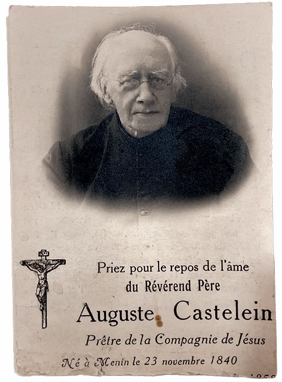 Carton annonçant le décès du jésuite Auguste Castelein, oncle d'André, en 1922, avec des éléments graphiques religieux et une photo en noir et blanc.