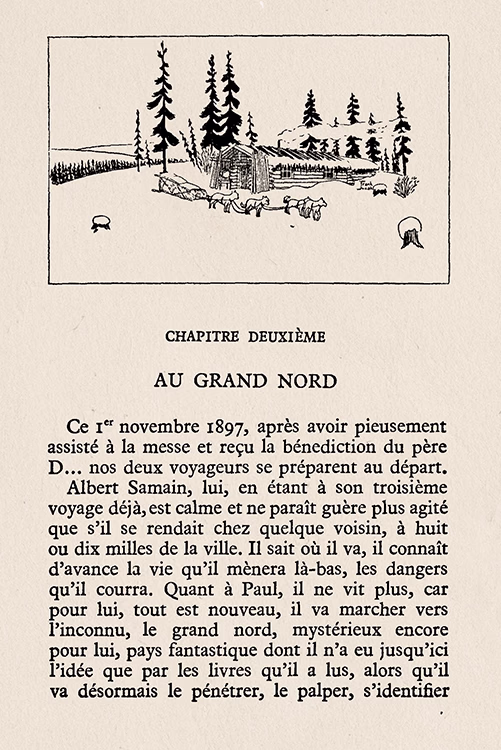 Reproduction de la première page du chapitre 2 de L’Appel du Grand Nord, publié en 1938.