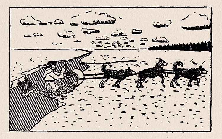 Reproduction de l’image introduisant le chapitre 4 de L’Appel du Grand Nord, publié en 1938, représentant un personnage dans un traîneau tiré par des chiens.