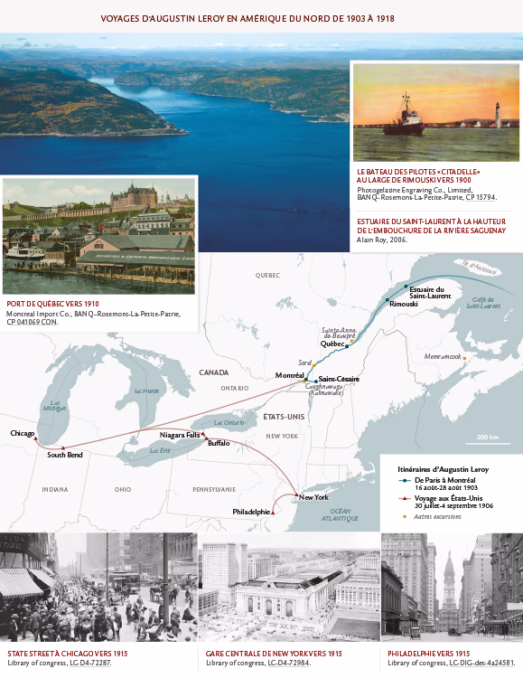 Carte des voyages d’Augustin Leroy en Amérique du Nord de 1903 à 1918
