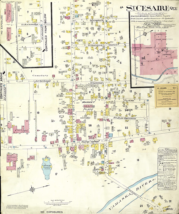 Plan d’assurance incendie du village Saint-Césaire au Québec en 1906