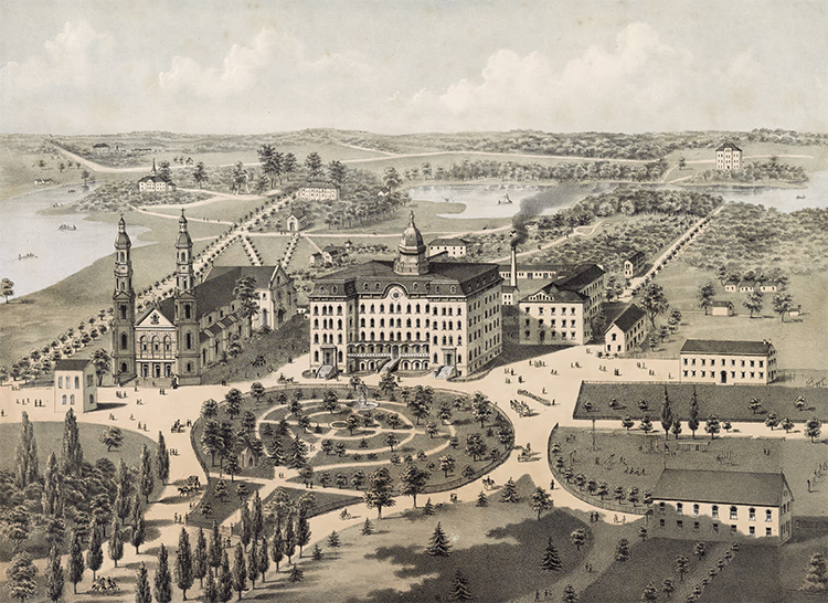Carte postale représentant l’Université de Notre-Dame-Du-Lac, un complexe de bâtiments près d’une rivière, dans Comté St-Joseph en Indiana, aux États-Unis, en 1844.