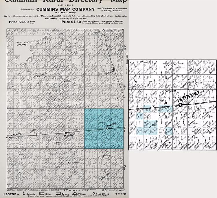 Numérisation en noir et blanc d’un plan de la région de Haywood au Manitoba.