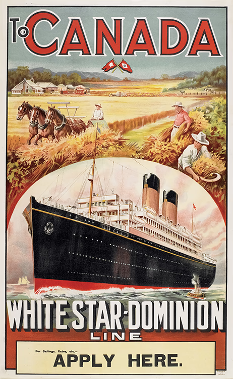 Affiche en couleur représentant un paquebot et faisant la récolte dans un champ de blé. 