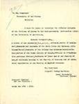Lettre désignant Édouard Montpetit comme délégué pour les fêtes du cinquantenaire de l’Université de Californie à Berkeley en 1918