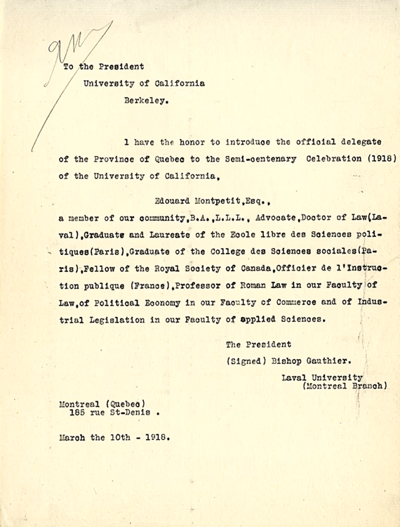 Lettre désignant Édouard Montpetit comme délégué pour les fêtes du cinquantenaire de l’Université de Californie à Berkeley en 1918