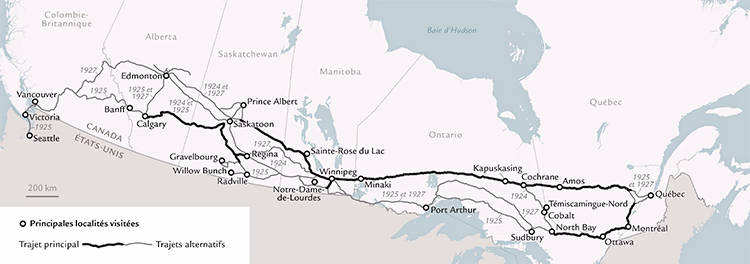 Carte des itinéraires des voyages organisés par la Liaison française en 1924, 1925 et 1927
