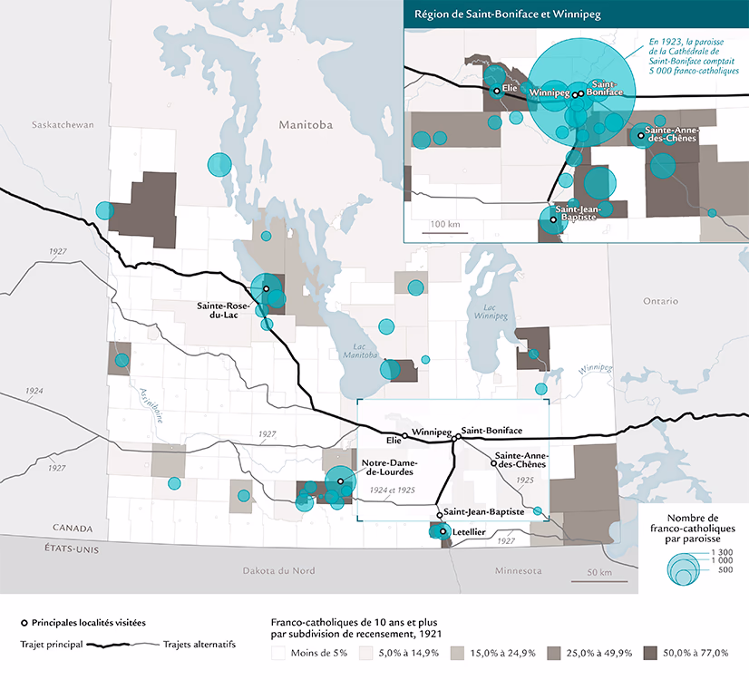 Carte du portrait des populations francophones du Manitoba entre 1920 et 1925