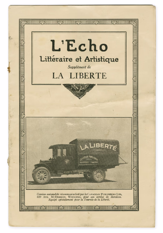 Page titre de L’Écho littéraire et artistique, représentant un camion dont la boîte porte l’inscription «La Liberté».