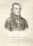 Dessin en noir et blanc d'un homme en habit ecclésiastique, représentant Monseigneur de Forbin-Janson, évêque de Nancy, vers 1870.