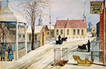 Peinture d'une rue enneigée dans un village du Bas-Canada vers 1840, avec des passants et une calèche tirée par un cheval.