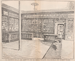 Dessin ancien de la Bibliothèque paroissiale de Notre-Dame, vers 1900, montrant des livres sur des étagères.